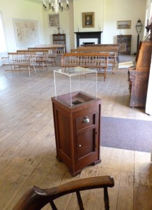 The Colton Hall Donation Pedestal installed and on duty, ready to collect the alms of the grateful historical pilgrim.